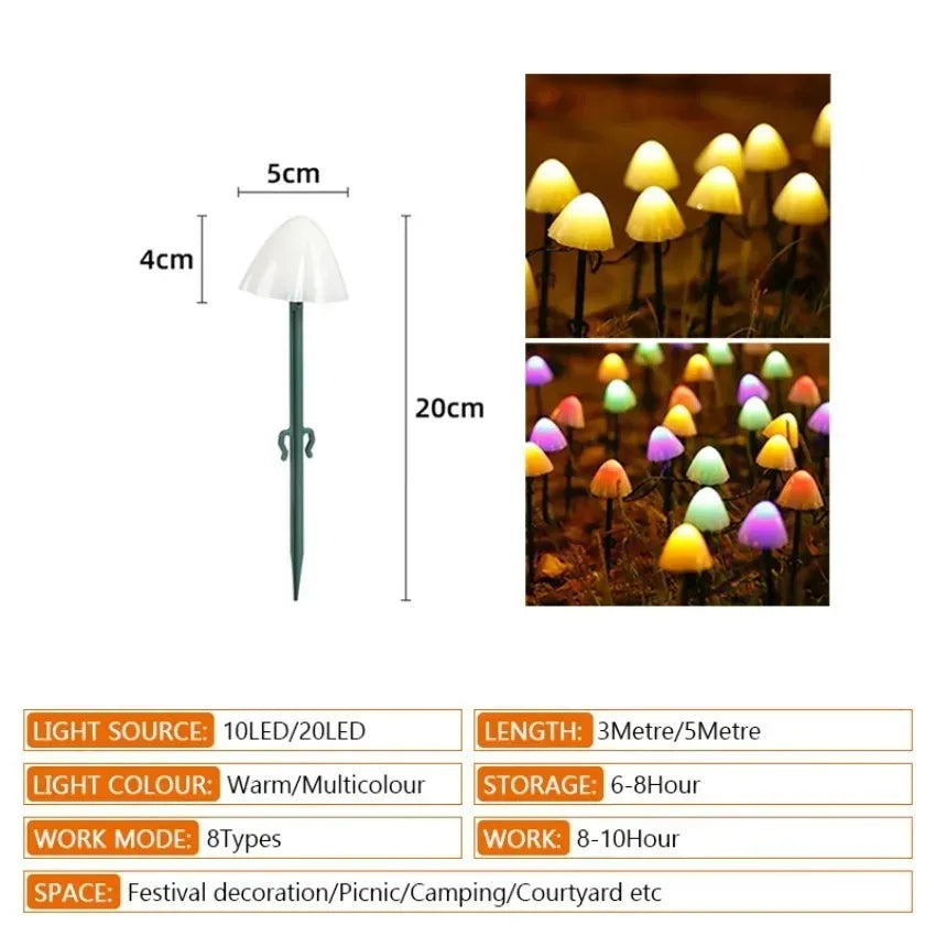 Outdoor String of White/Multicolored Solar Mushroom Lights